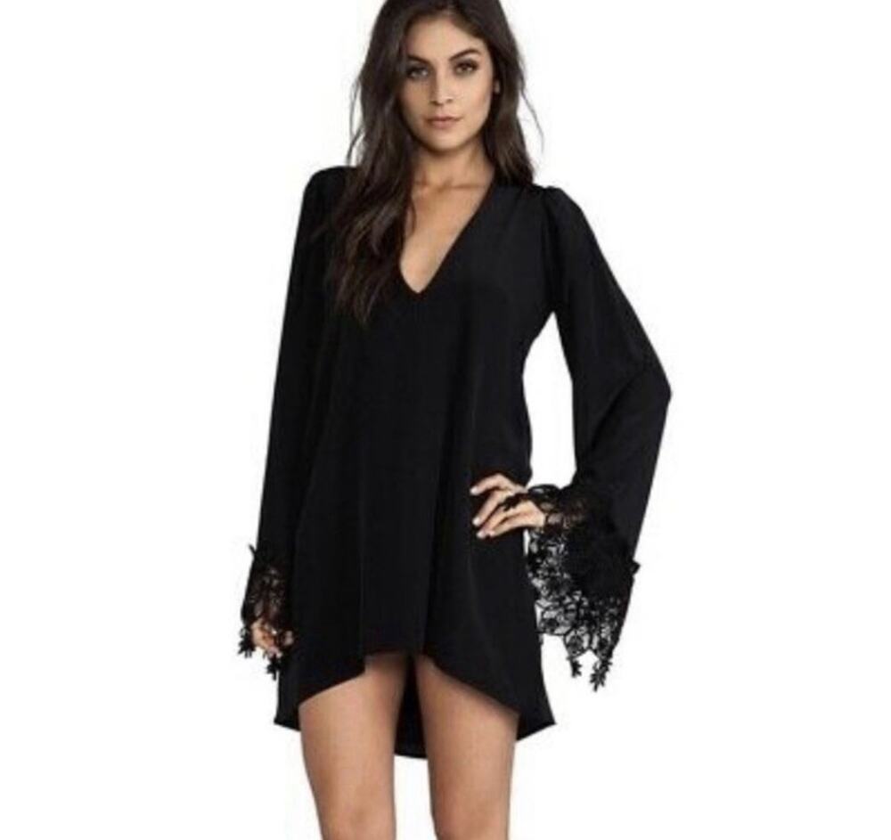 Stone Cold Fox Boardwalk Silk Dress Black Bell Sleeve Lace Boho Witchy Medium L8